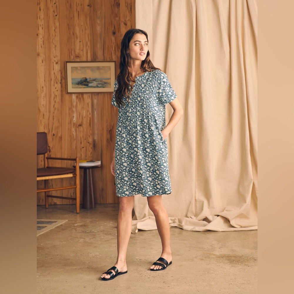 Faherty Gemina Indigo Floral Linen Mini Dress Small